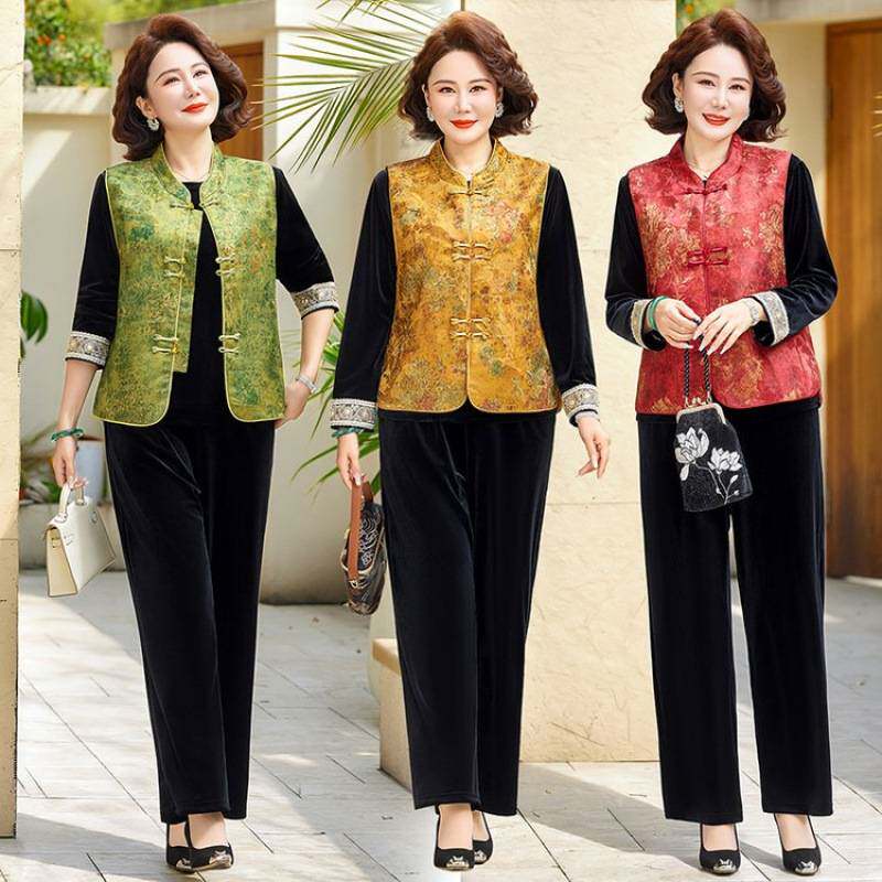 专柜品牌妈妈春装金丝绒套装时尚新款国风坎肩马甲上衣中老年春秋