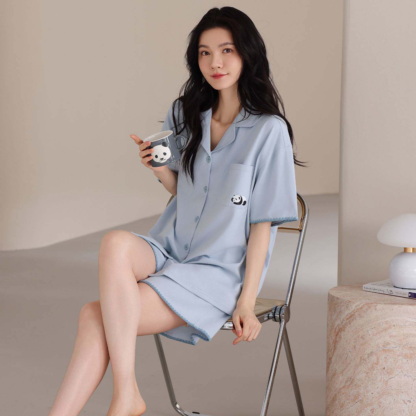专柜官方睡衣女夏季纯棉短袖短裤薄款夏天休闲慵懒风可外穿全棉宽