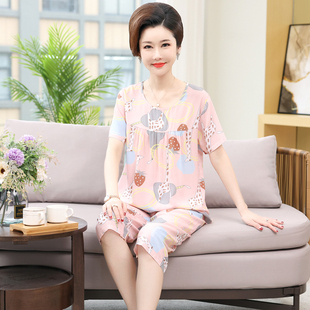 家居服套装 中老年中年妈妈睡衣女棉绸短袖 薄款 加大码 夏天纯棉夏季