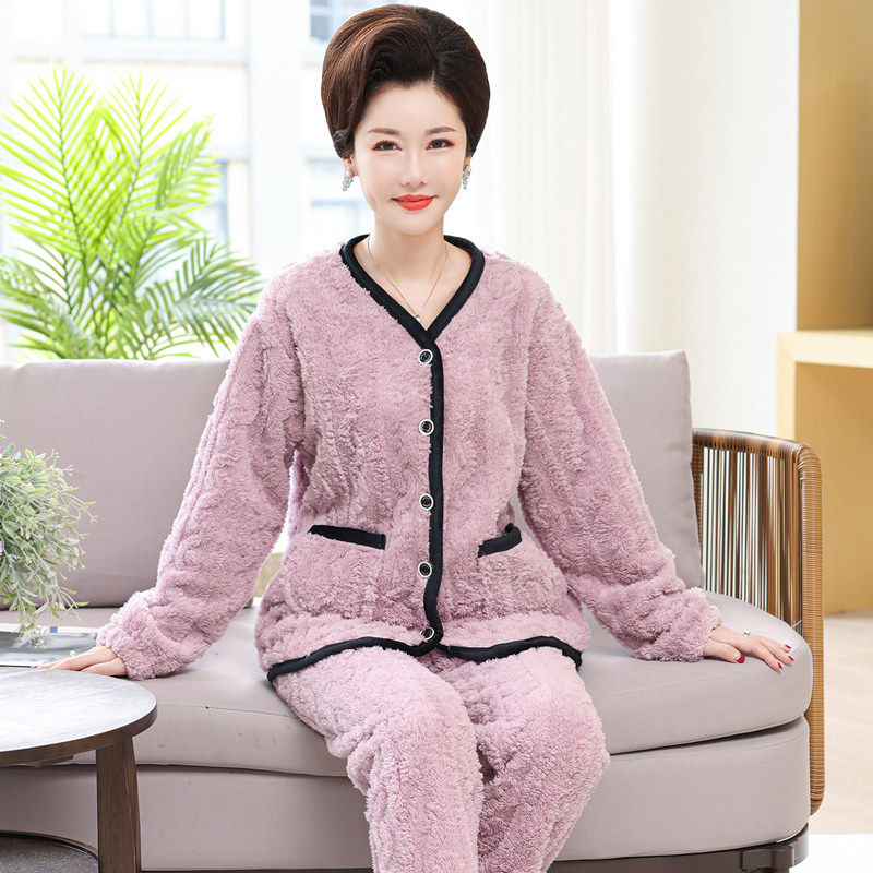 珊瑚绒睡衣女冬季加厚加绒保暖中年妈妈中老年人法兰绒家居服套装