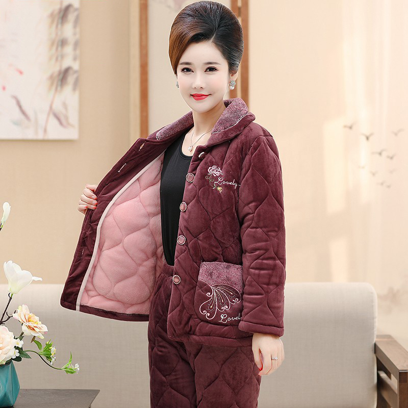 珊瑚绒三层夹棉妈妈中老年睡衣