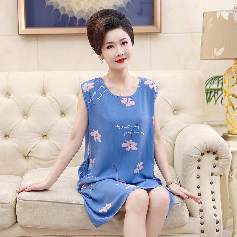 中老年中年妈妈夏季棉绸套头睡裙中长款女士背心无袖纯棉家居服