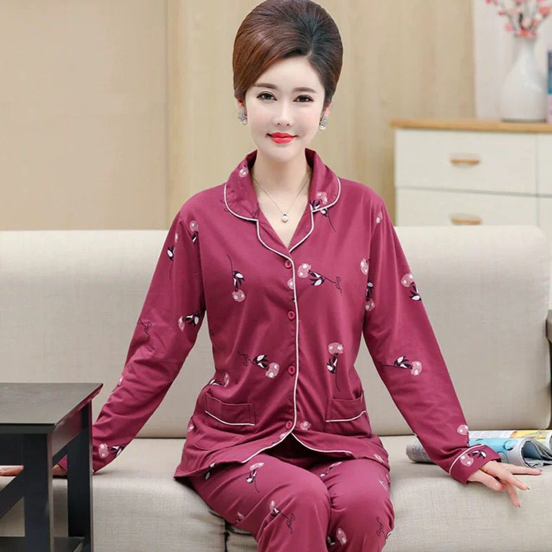 春秋季睡衣女纯棉长袖加大码中年中老年妈妈老人家居服薄款冬套装