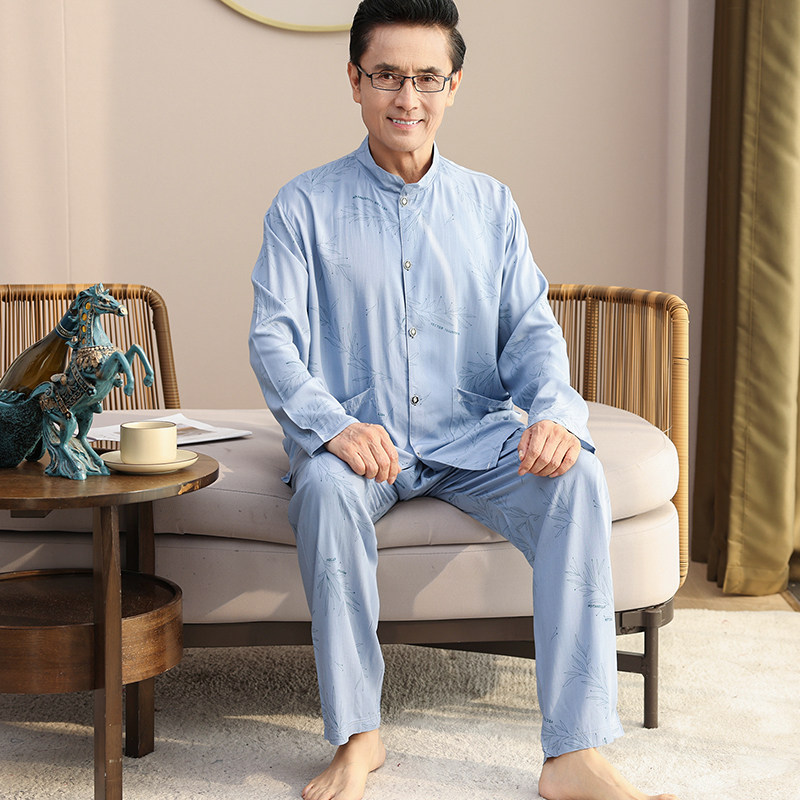中老年男棉绸春夏开衫睡衣套装