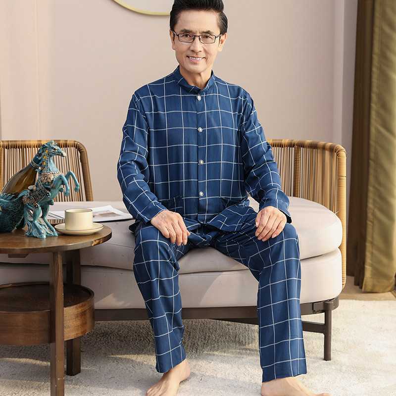 中老年男士春夏棉绸睡衣两件套