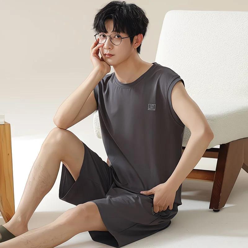 凉感睡衣男款夏季莫代尔无袖背心短裤夏天简约舒适休闲可外穿套装