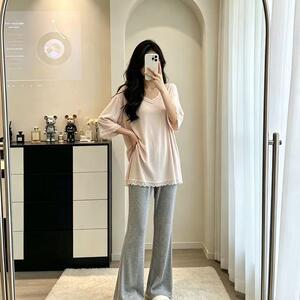 春秋莫代尔女睡衣套装带胸垫