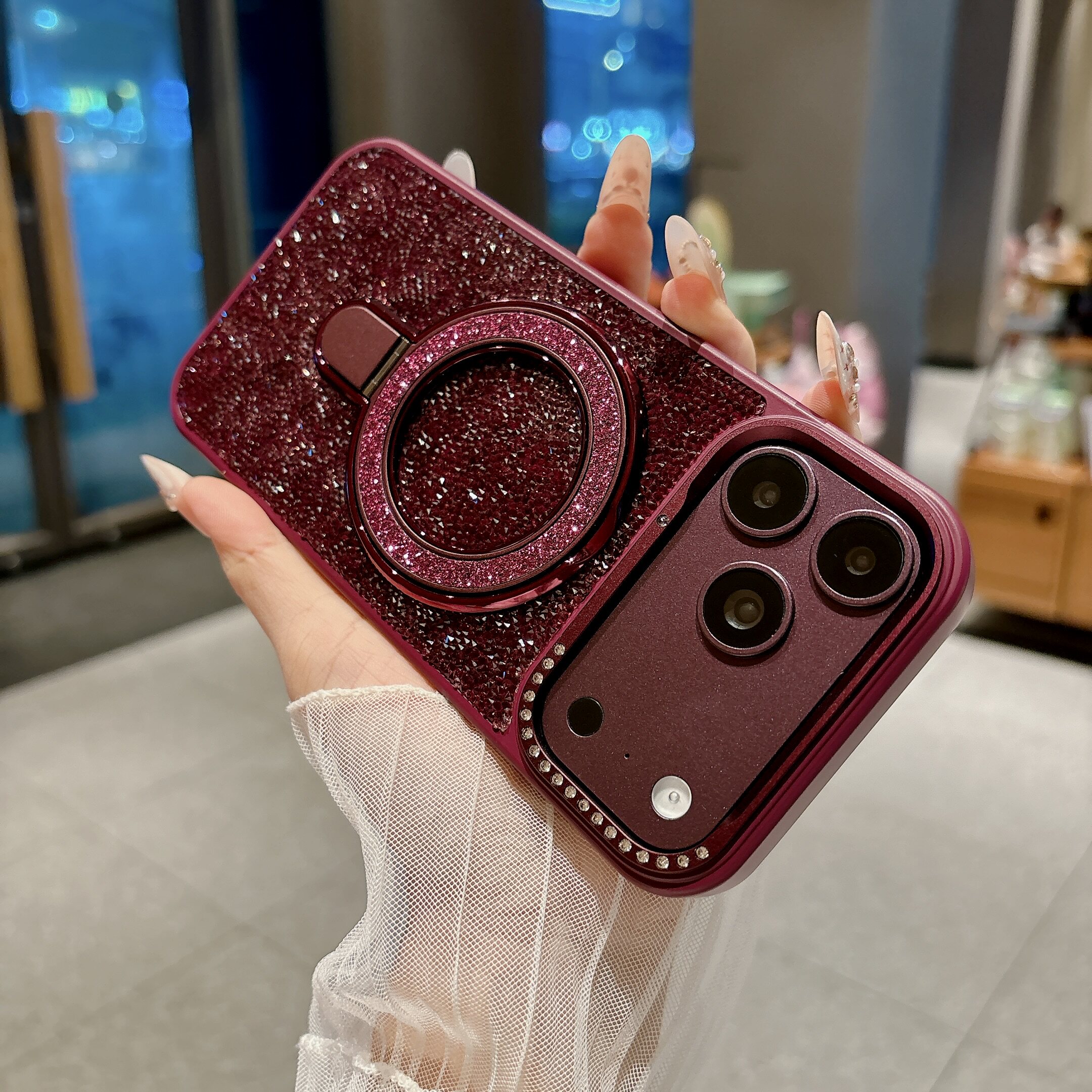闪粉水钻支架壳适用iPhone18promax手机壳新款18pro苹果高级感17AIR支点壳16PM闪钻肤感磁吸15满钻14欧美奢华