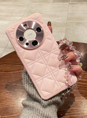 奢华小香风菱格适用华为Mate60pro手机壳新款水晶链条mt70高级感皮质mt80pro格纹Pura80pro合金镜头70Ultra