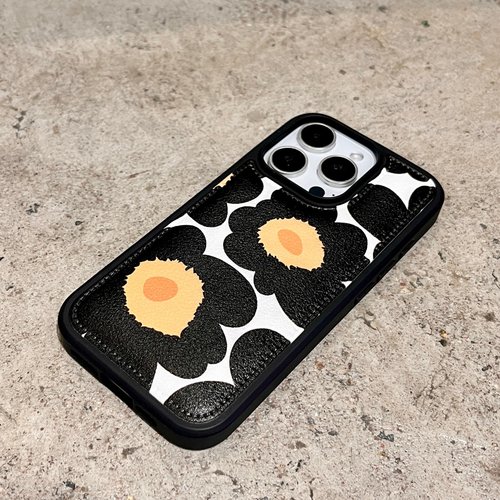 适用苹果17/华为Pura80/小米17/OPPO Reno15/VIVO X300原创黑色花朵仿皮纹手机壳iPhone14/16Promax亲肤边框