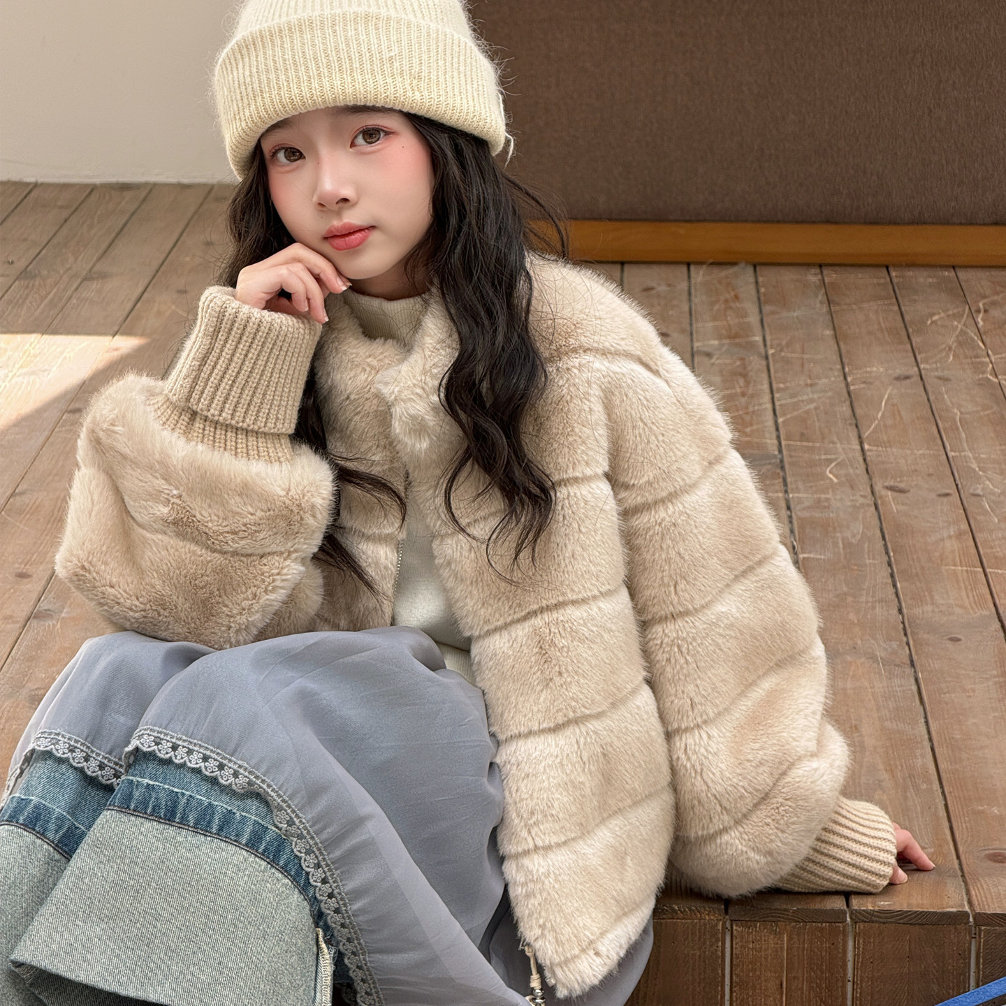 韩国童装bubles奶油风儿童短款仿貂绒皮草外套女童立领貂皮毛大衣