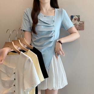 浅蓝色斜领正肩短袖 胖mm不规则掐腰设计感上衣 T恤女2025夏季 大码