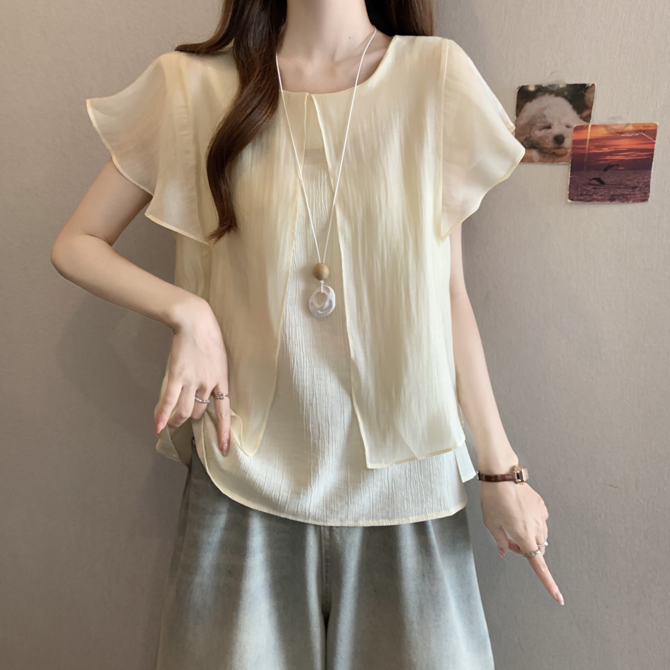 法式荷叶边短袖雪纺衬衫女夏季大码胖mm显瘦设计感小众上衣打底衫