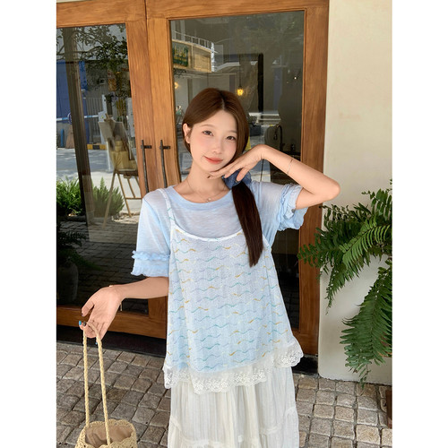 巨好看夏季套装女大码微胖mm叠穿吊带背心冰丝短袖T恤上衣两件套