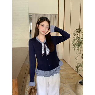 藏蓝色丝巾绑带V领喇叭袖针织衫女2025早秋新款大码胖mm蓬蓬上衣