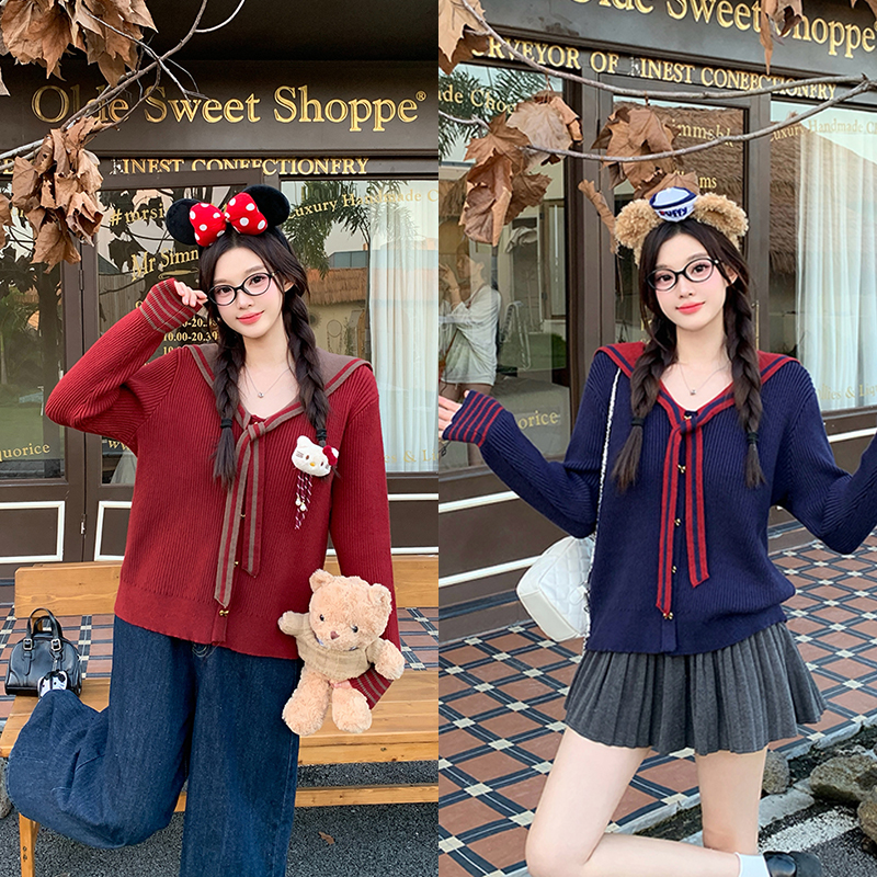 2025秋冬新款大码时尚减龄海军领针织毛衣开衫显瘦上衣配公仔挂件