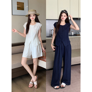 新款 女休闲天丝短袖 现货实拍2025夏装 胖mm大码 显瘦长短阔腿裤 套装