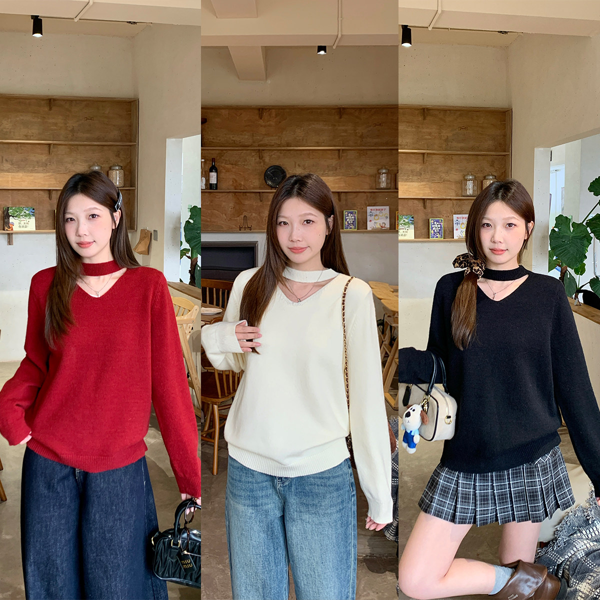 微胖2025秋冬新款胖mm大码设计感V领挂脖长袖针织衫新年圣诞毛衣,女装/女士精品,毛衣,淘宝优惠券,粉丝福利购,淘宝优惠卷