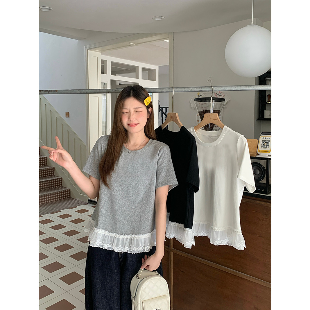 大码复古蕾丝短袖T恤女装夏季白色内搭正肩体恤胖MM遮肉显瘦上衣图片