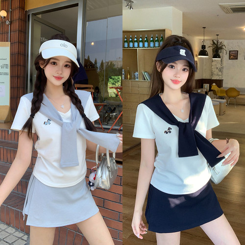 刺绣T恤半身裙时尚减龄三件套女