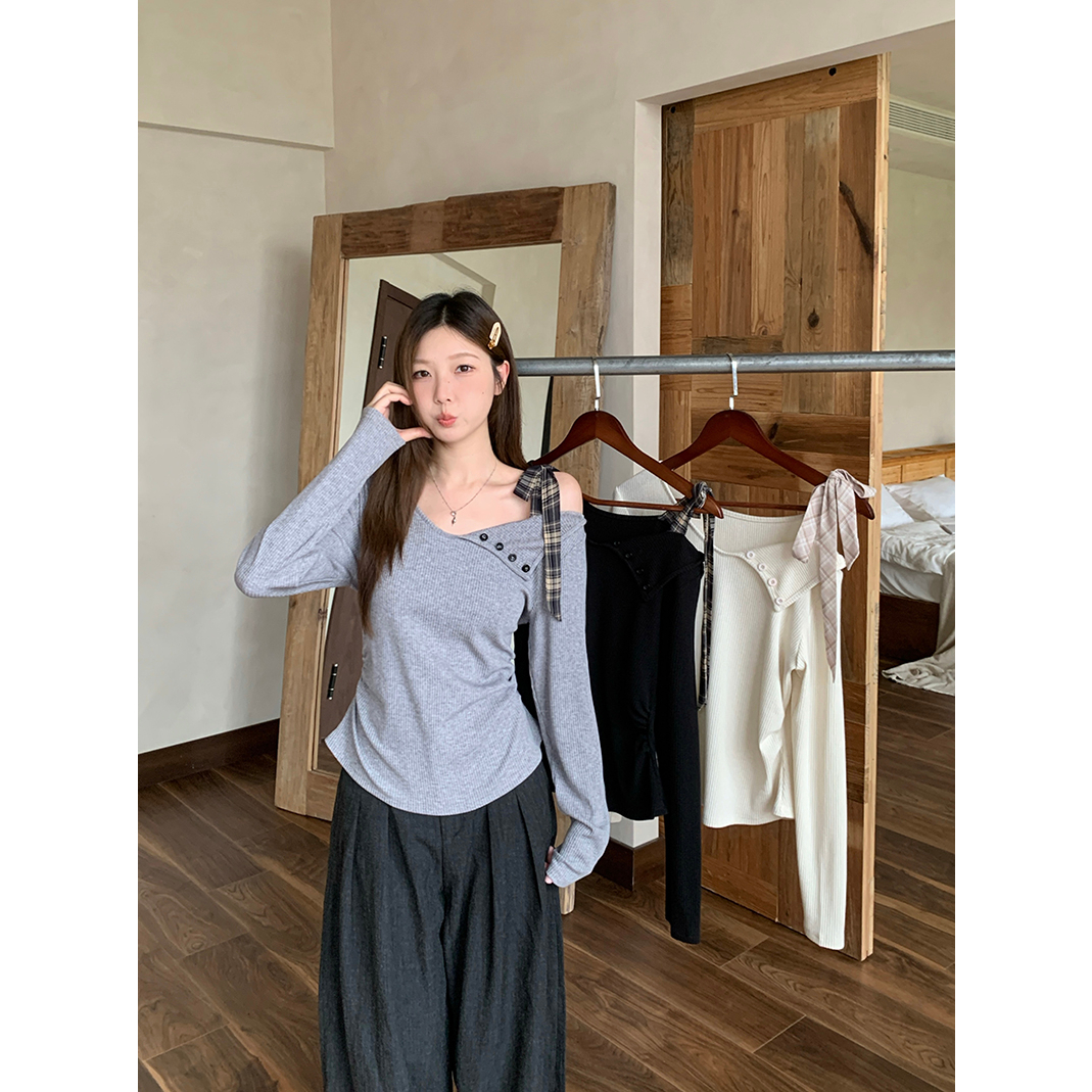 大码微胖温柔风撞色露肩长袖T恤