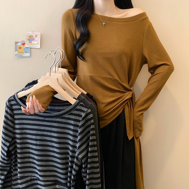 大码设计感条纹长袖T恤女春季