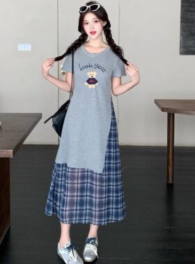 大码女装拼接假两件格子A字裙子