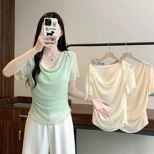 浅绿色荡领正肩短袖T恤女2026夏新款大码胖mm漂亮小衫假两件上衣