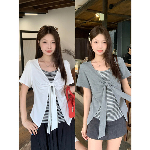 假两件条纹绑带短袖小衫正肩上衣