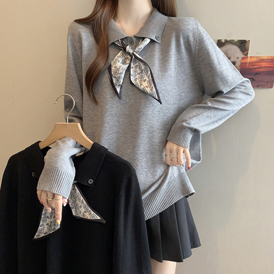 灰色POLO领针织衫打底毛衣女秋冬新款大码胖mm高级感丝巾系带上衣