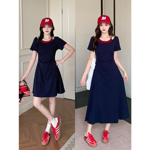 假两件挂脖连衣裙女夏装 胖mm显瘦掐腰遮肚设计感a字长裙 新款 大码