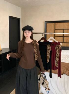 微胖2026春装新款胖mm女豹纹蝴蝶结斜肩长袖T恤辣妹纯欲收腰上衣