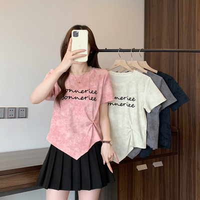 别致扎染粉色短袖T恤2025夏季新款大码女装胖mm遮肉正肩小衫上衣