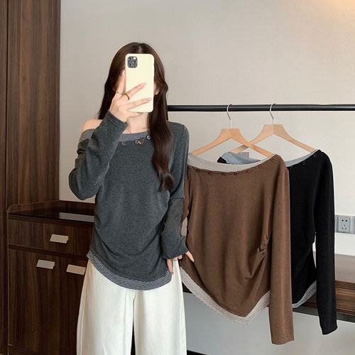 美拉德咖色斜肩露肩长袖T恤女2025早秋大码胖mm假两件不规则上衣