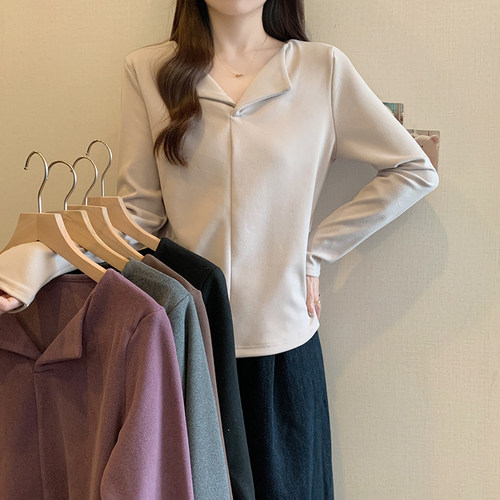 大码时尚长袖t恤女2025秋季胖mm显瘦百搭V领收腰T恤纯色简约上衣