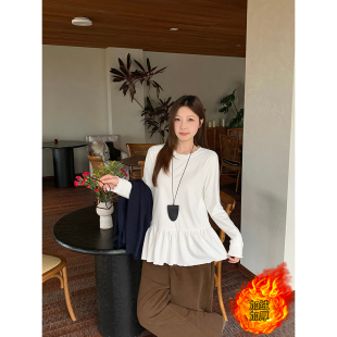 大码胖mm加绒加厚长袖T恤秋冬新款宽松设计感荷叶边打底衫上衣