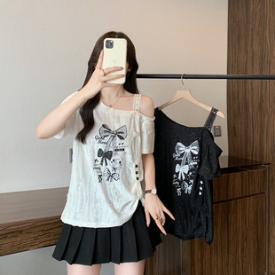 胖mm独特别致遮肉显瘦上衣 蕾丝露肩黑色短袖 T恤2025夏季 大码 女装