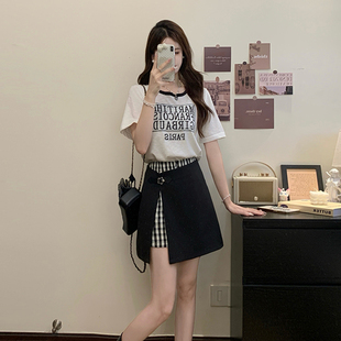 设计感洋气时髦炸街套装 两件套 女夏季 微胖mm宽松上衣格子半身裙裤