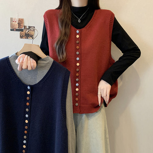 微胖2025秋冬新款胖mm大码女彩色纽扣叠穿针织马甲磨毛上衣套装潮