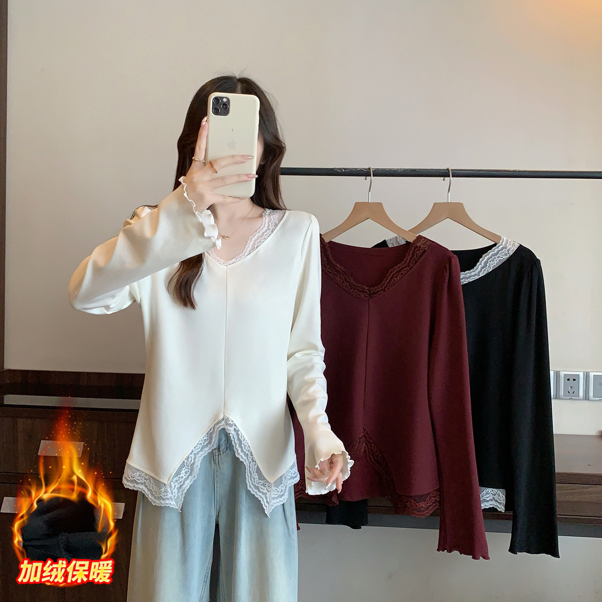 大码女不规则蕾丝花边T恤