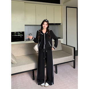 大码女装春秋新款胖mm时尚高级设计感披肩开衫外套阔腿长裤两件套