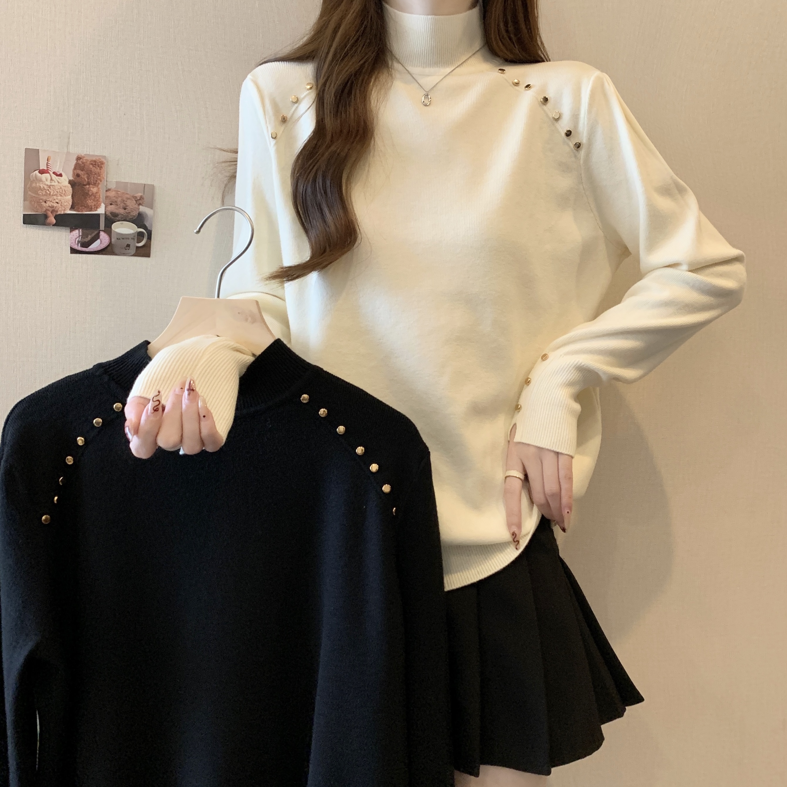 大码设计感气质显瘦半高领针织衫女秋冬胖妹妹宽松毛衣遮肚打底衫