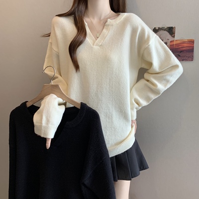 2025秋冬新款V字半开领长袖针织衫上衣大码女装微胖mm宽松毛衣