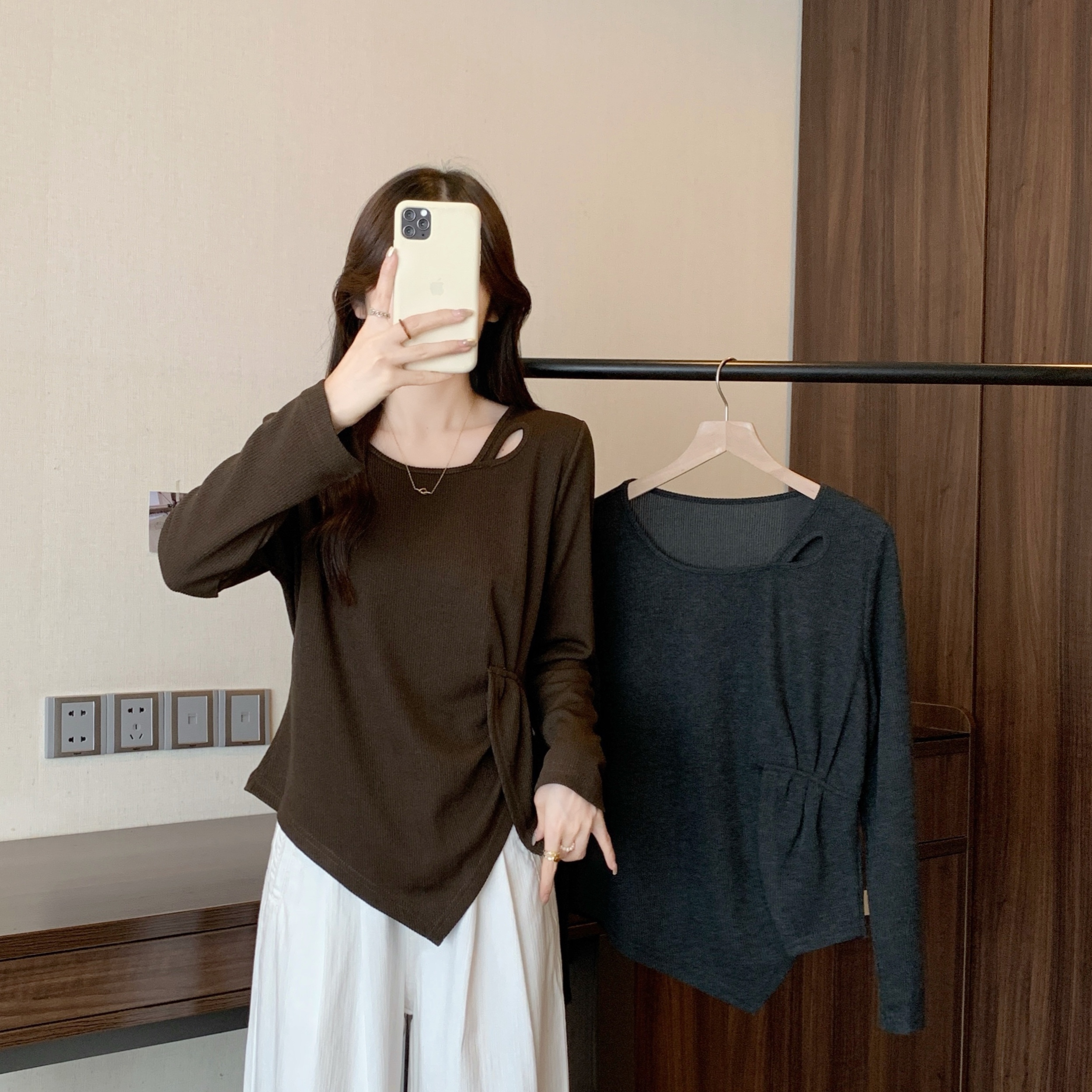 微胖2025秋冬新款镂空长袖T恤