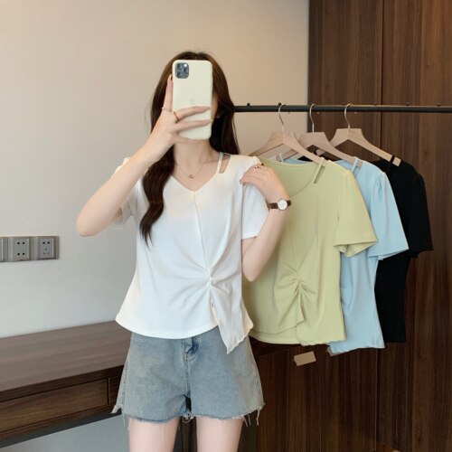 大码胖mm夏季法式不规则短恤t恤女2025年新款气质减龄V领显瘦上衣