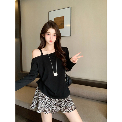 女夏季新款高腰豹纹短裙两件套