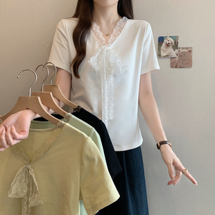 胖mm别致遮肉小衫 蕾丝拼接V领短袖 大码 T恤女2025新款 正肩上衣 夏季