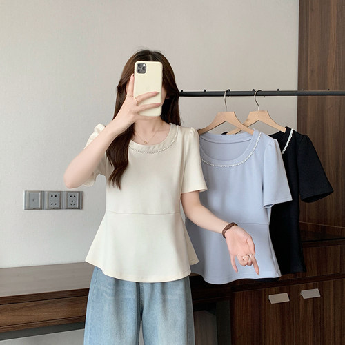 小香风圆领钉珠荷叶边上衣女