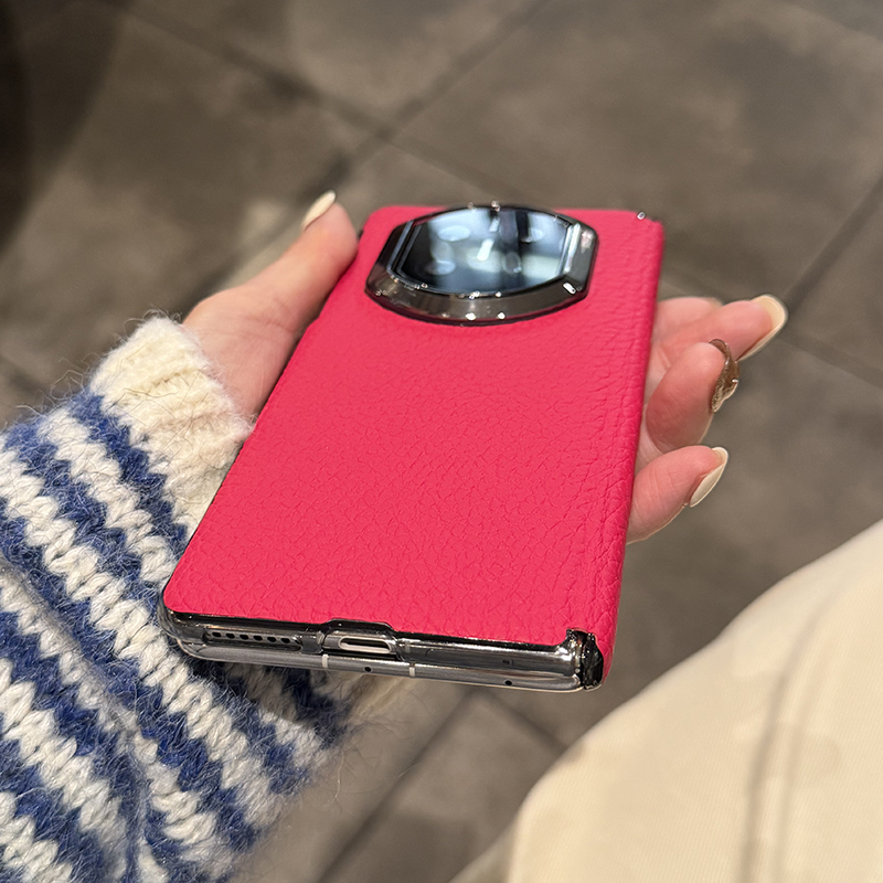 适用华为matex7手机壳折叠屏新款透黑高级皮质保护套Matex7典藏版中轴包裹保护套简约墨西哥粉