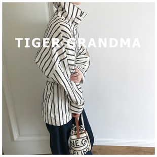 大奇TG【都市漫游者】立领竖条纹衬衫式中长风衣外套优雅极简风